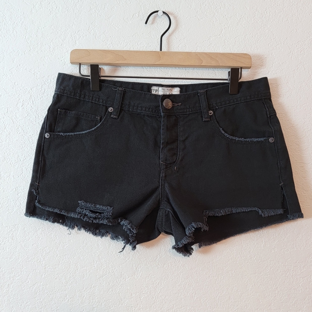 Free People Black Distressed Ripped Button Fly Grunge Jean Shorts Size W 28